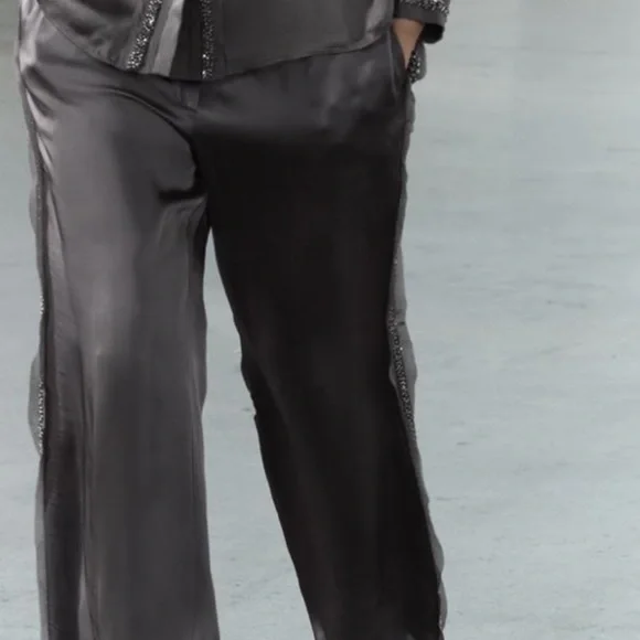 ZARA WOMAN EMBROIDERED GRAY SATIN EFFECT PANTS ZW COLLECTION SIZE XL NWT - Picture 3 of 9
